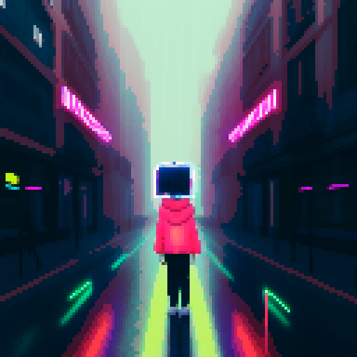 hacker girl, rainy day, neon codes, flickering screens, pixelated cityscape, futuristic attire, headphones, city lights reflecting on wet pavement, boy