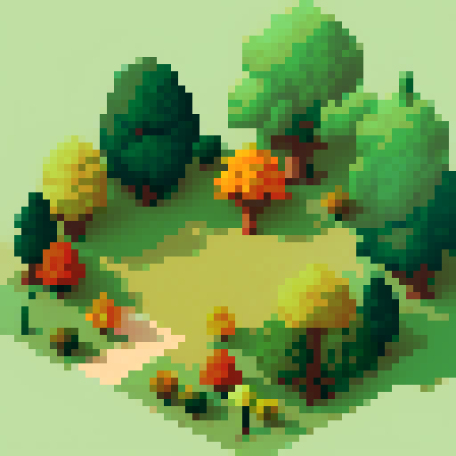 Evergreen and deciduous tree sprites intertwined in a luscious forest, with vibrant green leaves and warm autumn hues, all depicted in charming pixel art