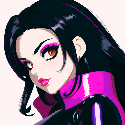 curvy, busty goth girl, close up face glamour shot, PVC clothing,  modern tile backsplash, vivid colors, pixel art, sRGB