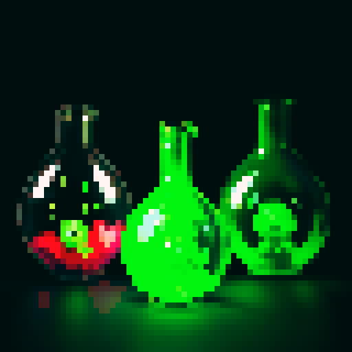 alchemist with green eyes, cloaked hood, mixing glass containers, glowing and bubbling liquid, pixel art, sRGB