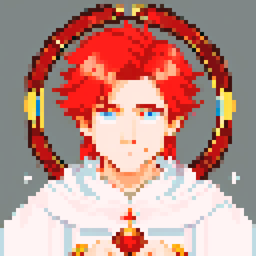 red headed male wizard with regal white robes, adorned with astrological symbols, in a pixel art style with vibrant sRGB colors