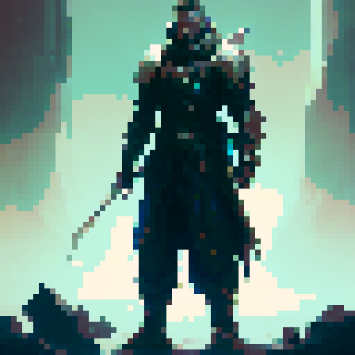 pixel character, male, human warrior, cloak, dark blue plated armor, fantasy RPG