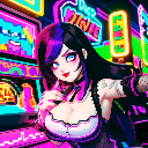 Curvy cute goth girl bartender, vibrant neon hair, dark smoky eyes, black lace choker, fishnet stockings, pouring colorful cocktails, retro arcade game machines, glowing pixel art characters, vibrant sRGB colors