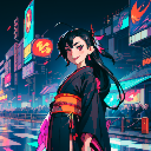 pixel art,high resolution,1girl,long hair,black hair,kimono,traditional clothes,cyberpunk,futuristic,neon lights,cityscape,night sky,2animals,goldfish,fish,metallic,flying,propeller,tail fin,wings,antenna,eye,glowing,smiling,looking at fish,