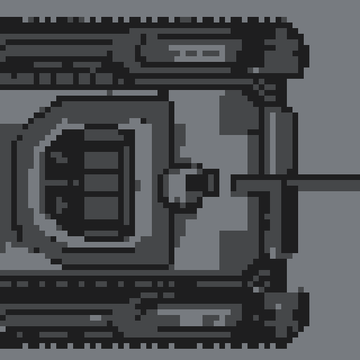 Top-down pixel art tank with large turret, noticeable treads, camouflage color scheme of greens and grays, blocky retro design showcasing armor plating and barrel detail in a pixel art style