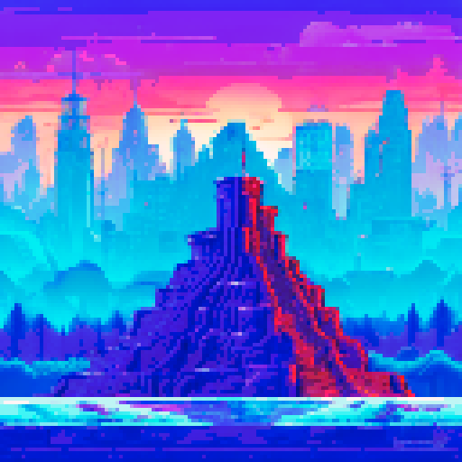 technological Ziggurat, shimmering in neon hues, surrounded by frozen waters and ice reflecting the pixel art skyline