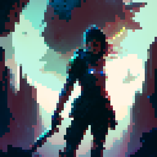 female warrior, light saber, tall robot, lasers from eyes, woods, monsters, innocent people, fantasy RPG