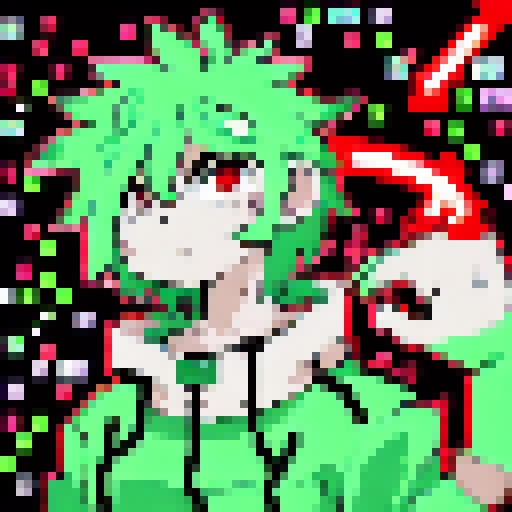 Anime hacker with neon green hair and glowing red eyes smirking mischievously in a close-up character portrait, surrounded by lines of code and circuit boards, all rendered in a pixel art anime style.