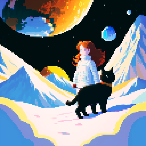 Woman with auburn hair and a black cat with yellow eyes in between towering, snow mountains in space