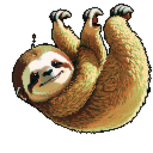 smiling sloth, hanging on branch, pixelated, vibrant colors, sRGB