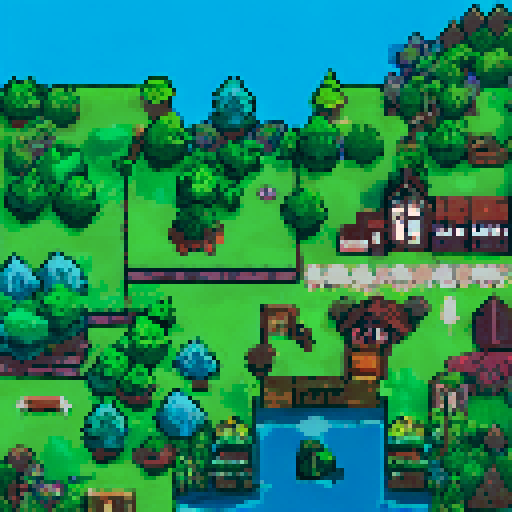 tall vibrant trees, whimsical mushrooms, cozy houses, colorful flowers, pixelated landscapes, enchanting atmosphere, immersive world, nostalgic art style, charming scenery, intricate designs, lively flora and fauna, landscape portrait
