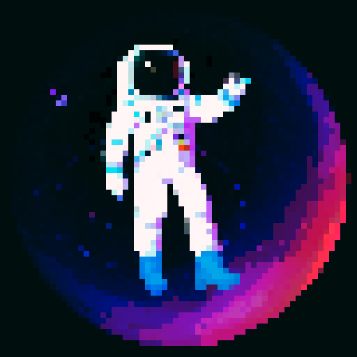 white astronaut silhouette, cosmic background, dark blues, purples, stars, pixel art, sRGB