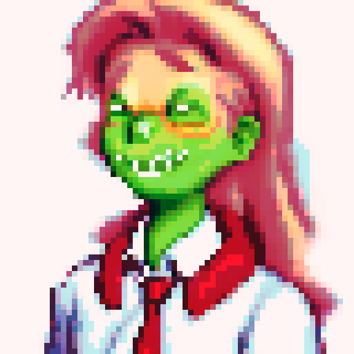 Green-skinned zombie with shoulder-length blonde hair, styled with straight bangs slightly covering the forehead and a high ponytail, green eyes with a neutral, somewhat bored expression, subtle blush on the cheeks and a slight frown, wearing large pinkish red goggles resting on top of the head, a white jacket over a red vest and red tie, with a white shirt and collar visible, in a sRGB pixel art style against a background of a detailed landscape