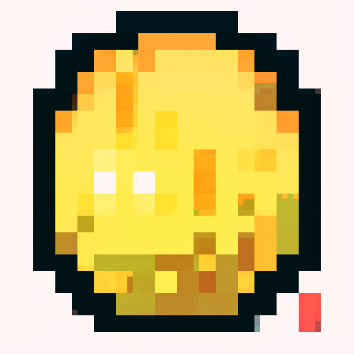 Imagine a digital, pixelated coin, shimmering with a bright golden hue. This coin has a classic round shape, resembling a traditional coin, but its surface is made up of tiny, square pixels, giving it a distinctly digital and retro video game look. The pixels catch light at various angles, making the coin glint and sparkle. On its surface, there is a simple, pixelated design – perhaps a symbol or a character – that is iconic and easy to recognize, yet rendered in a minimalist, blocky style typic