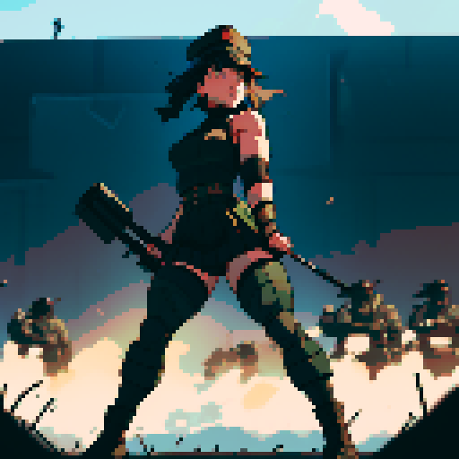 full-body image, muscle girl, female, thick biceps, big shoulders, big fists, muscular physique, thick waist, facing left, ready to fight, exaggerated proportions, black military uniform, black hat, military backdrop, sRGB, pixel art, army behind her, military behind her, army in background, army, soldiers, evil, dark, evil soldiers, black uniforms, destroyed town, battlefield