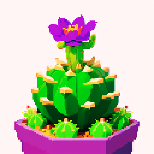 cactus with purple flower on top, close up, game icon, white background

