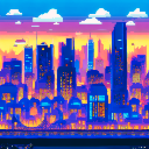 A city from the side, with a skyline, retro game, at night, dark buildings with lights