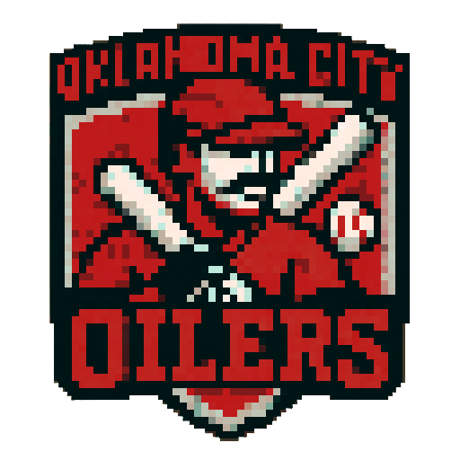 Pixel art of a fictional baseball team called the Oklahoma City Oilers. red, black and white, sharp outlines, and soft pixel shading. The logo design mimics 80s MLB logos. Use a vibrant Sega Genesis 16-bit style with selective dithering, geometric forms, and nostalgic retro charm. Avoid modern gradients—keep it pure pixel art.