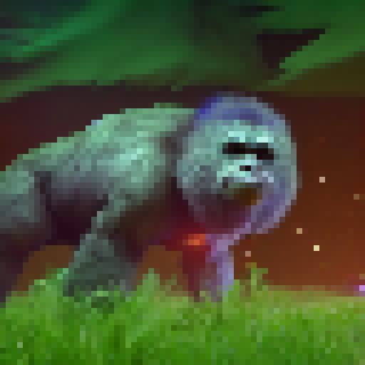a towering sasquatch with shaggy blue fur and piercing eyes, its blue coat standing out against the surrounding greenery. Its massive feet leave prints in the soil. scene from a 1980's video game.