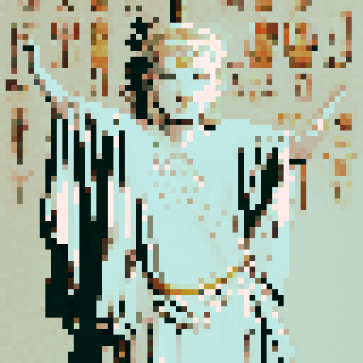  art, glowing eyes, flowing robes, golden staff, hieroglyphics, majestic headdress, ancient temple, sand dunes