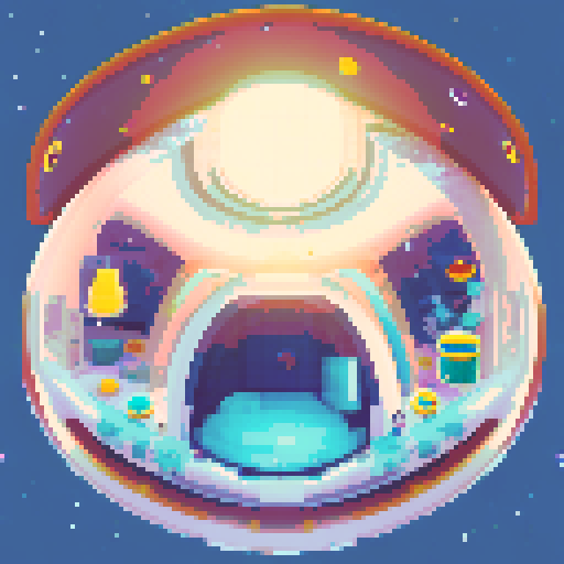 Inside of a sphere spaceship shaped like a gachapon with a clear top half looking out to space. cozy white space theme