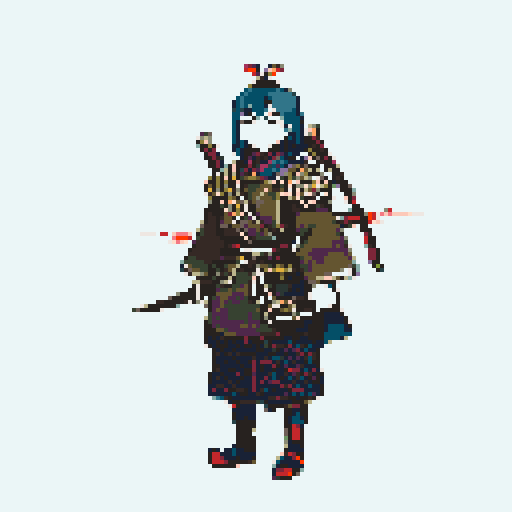 historically accurate muromachi samurai in traditional armor, roguelike rpg full-body sprite