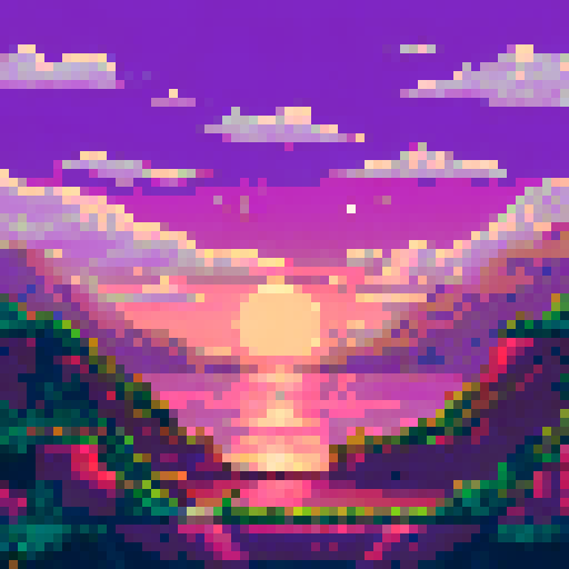 pink, sky, sunset, sRGB, pixel art, background, landscape