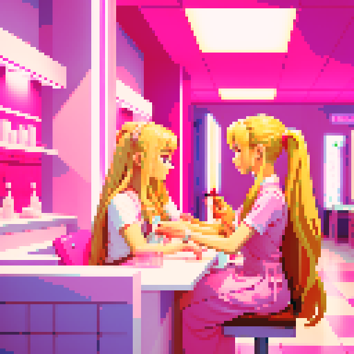 A nail tech with long blonde hair wearing a pink apron and a girl with brown hair sitting and facing each other in a nail salon. Nail polish bottles and UV lamps