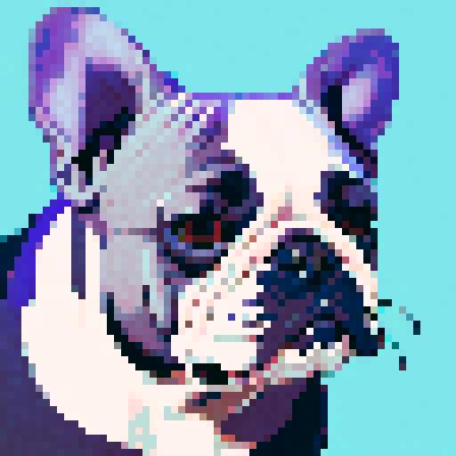Pixel art, grey French bulldog portrait from the side, with a vibrant, sRGB color palette