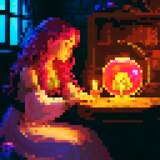 High definition image of a young bohemian witch with flowing hair and colorful attire, gazing into a glowing crystal ball, view as if you are the client, surrounded by magical items and candles.