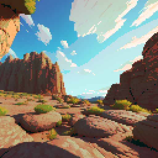 A rocky outdoor battleground with a rugged, flat, and sandy surface in the foreground, angled slightly upward for depth. The bottom-left corner is clear and open for a player's perspective, while the middle-right showcases jagged rocks, scattered boulders, and sparse dry vegetation. The background transitions into distant cliffs and an expansive bright sky, creating a balanced and natural setting for character placement.