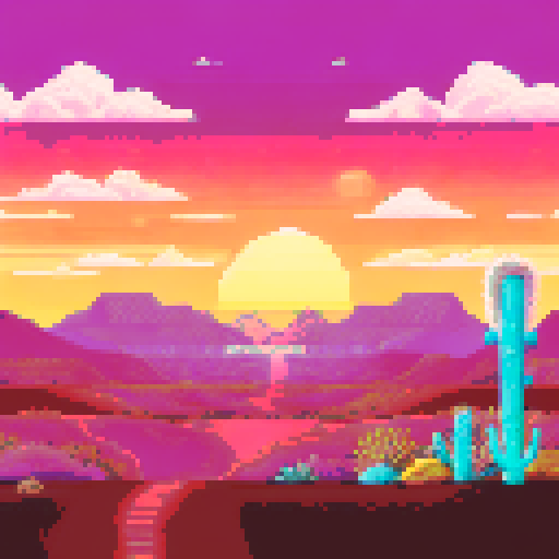 sandy desert with dunes and mesas. Tan and brown sand, with a pink and yellow sunset sky with wispy clouds. Speckled cacti.