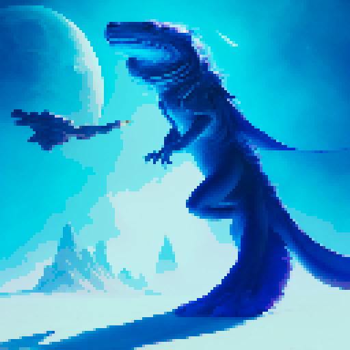 a basilisk that is blue and white looking at the moon hoping to reach their one day. background any color not blue and white