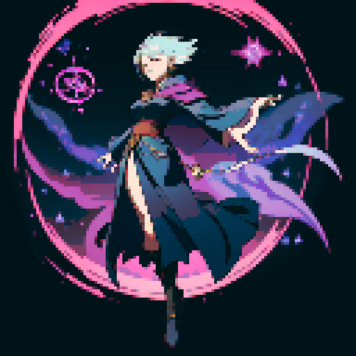 full-body image, sorceress facing right, sorceress ready to fight, evil sorceress, floating, arms out, magic circles, magic power, spell, evil sorceress, evil witch, magic symbols, ultimecia, final fantasy, sRGB, pixel art