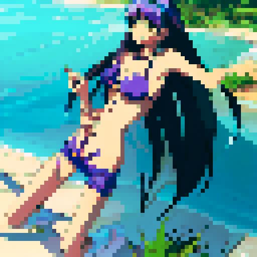 Bikini-clad beauty lounging on a tropical beach, surrounded by palm trees and crystal-clear waters, with her long, flowing hair and curvaceous figure depicted in a vibrant anime style.