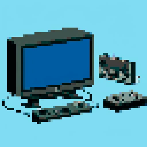 subject is Retro game console, controller plugged into old tv, TV shows image of a cabin on screen, in a cozy room
