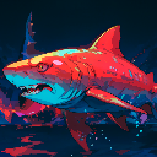 shark, vibrant colors, sharp teeth, underwater scene, dynamic movement, 8-bit style, detailed scales, contrasting shadows, oceanic background, retro gaming aesthetic