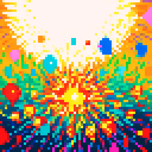 Colorful explosions, sparkling particles, vibrant bursts, pixellated brilliance, shimmering confetti, digital fireworks, retro charm, intricate details, vibrant color palette, pixelated magic
