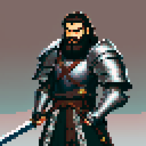 Bearded knight with Dark Brown Hair. He has a longsword slung over his shoulder.