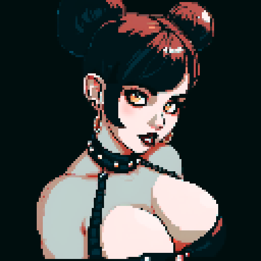 curvy, seductive busty goth babe with studded collar, hair in buns, aroused nude big titty goth in a close-up nude glamour shot, wearing halter top, against a modern tile backsplash, pixel art, sRGB