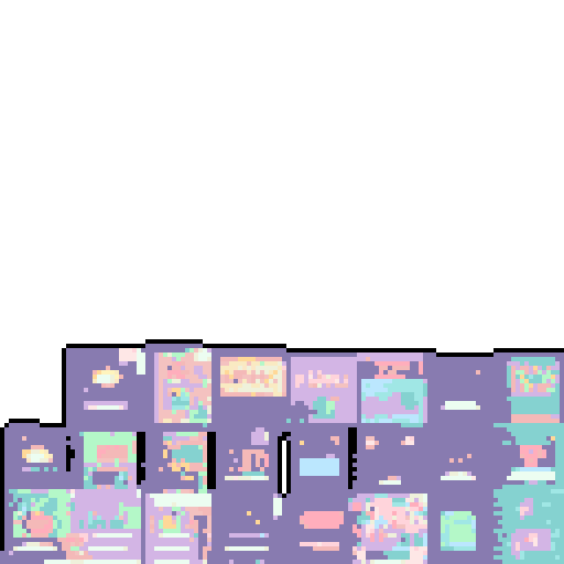 16 abstractly cute designed 14x15 pixel books in pastel tones, each with a fantasy themed cover like "attack_book, bomb_book, carpenter_catalogue, dagger_book, fishing_book, garbage_can_book, god_book, green_tea_book, immunity_book, lewis_shorts_book, luck_book, magnet_book, milk_book, ore_catalogue, rice_book, speed_book"