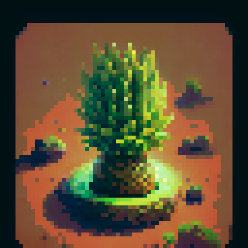 Giant Pineapple with intricate golden patterns growing halfway in the ground, surrounded by little baby pineapple saplings, all illuminated by moonlight in an isometric view, against a black background, showcasing the vibrant 6-color fantasy RPG art style