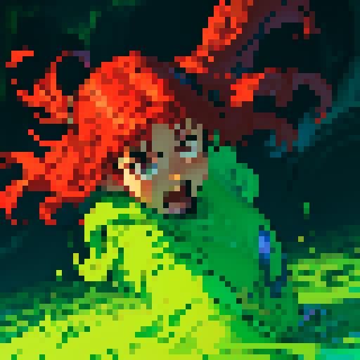 hero sinking into slime, hero drowning in slime, hero has red hair, hero has silver armor, reaching up, panic, sinking deep into the goo