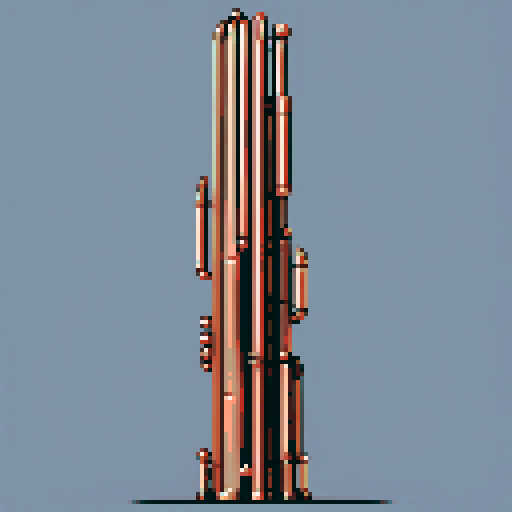 I want a tall vertical copper structure reminiscent of a organ pipe. It should have strange mechanical details that could interlock with each other. I also want this object usable an asset in a videogame, meaning only one object per image, outlined with a strong black stroke, on a solid-color background.