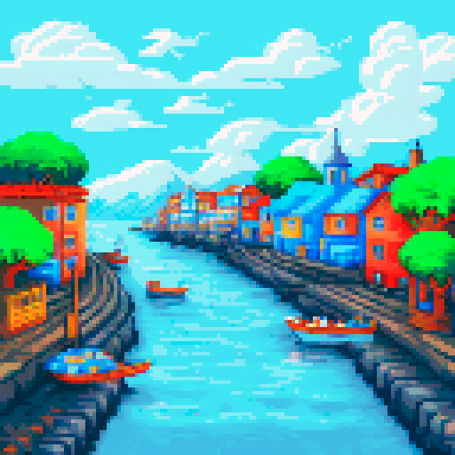 Island port town with bustling fish markets, narrow cobblestone streets, and quaint two-story homes pixel art with a focus on the vibrant ocean backdrop and bustling market activity. Make sure its a usable tile set that I can prepare to perfect and finetune to use in my upcoming rpg game.