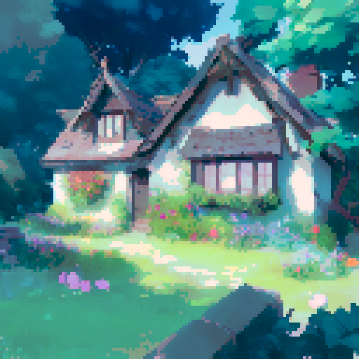 Cute cottage-core garden outside of a little witchy bungalow, shrouded in ivy and lost inside a dense forest