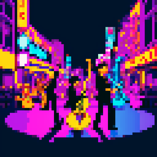 Vibrant jazz musicians, pixelated cityscape, saxophones, trumpets, neon lights, swirling colors, pixel art, sRGB