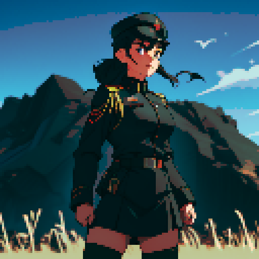 full-body image, muscle girl, female, thick biceps, big shoulders, big fists, muscular physique, thick waist, facing left, ready to fight, exaggerated proportions, black military uniform, black hat, military backdrop, sRGB, pixel art, army behind her, military behind her, army in background, army, soldiers, evil, dark, evil soldiers, black uniforms, destroyed town, battlefield