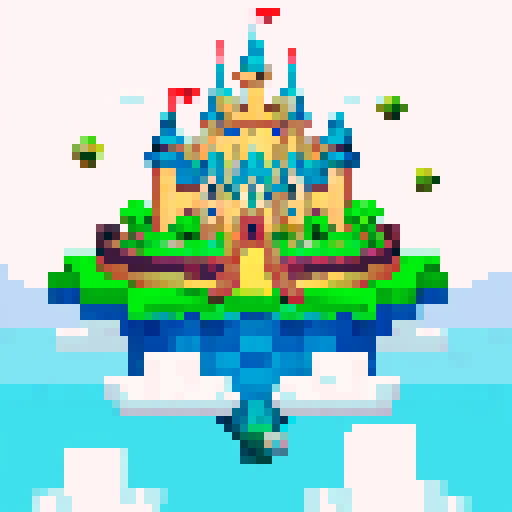 A majestic castle in the clouds surrounded by turtles.