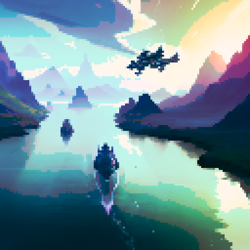 Area 18 in Star Citizen with ships taking off in the background, the open sky and space on the horizon, scenic